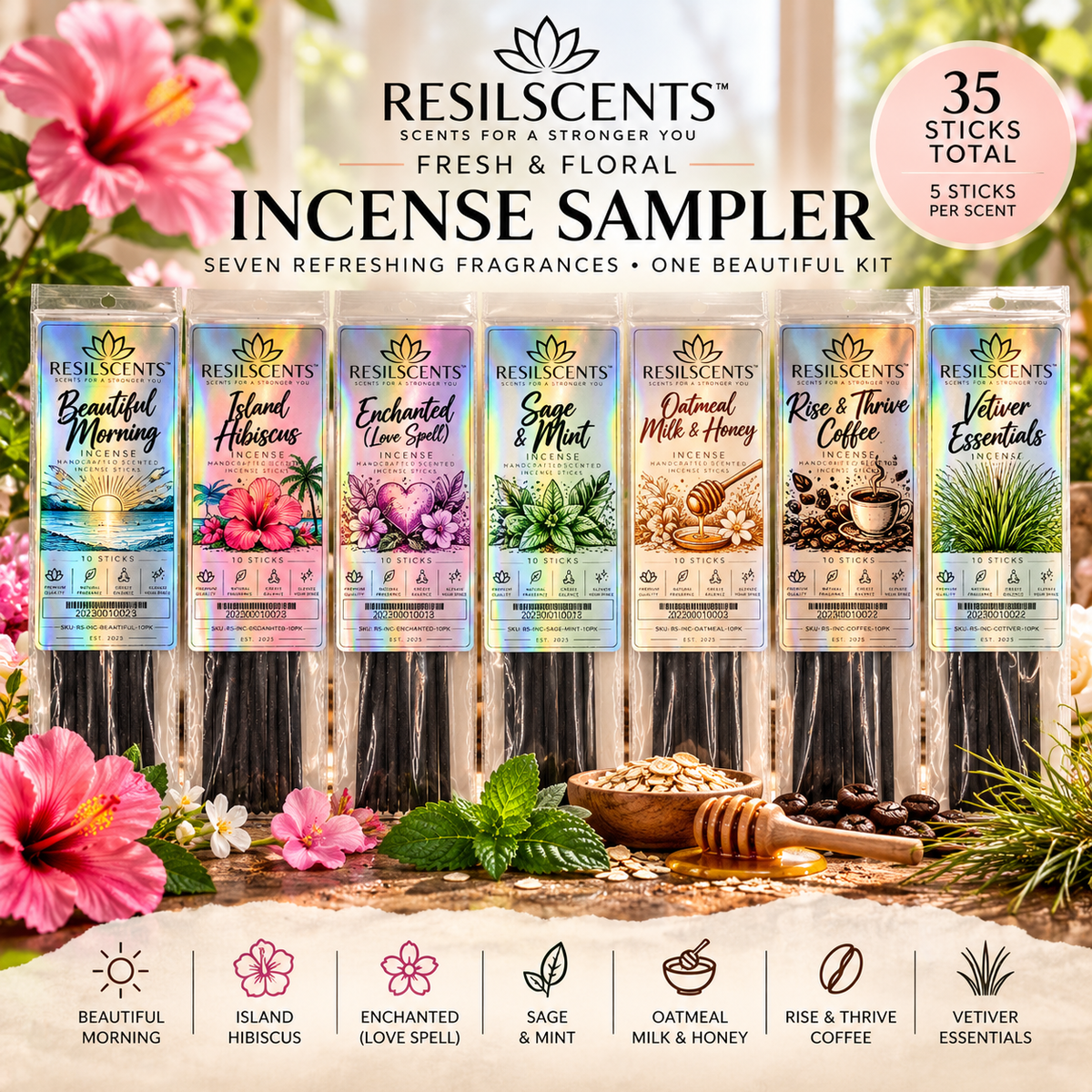 ResilIncense™ Fresh & Floral Incense Sampler – Beautiful Morning, Island Hibiscus, Enchanted & More | 35 Sticks