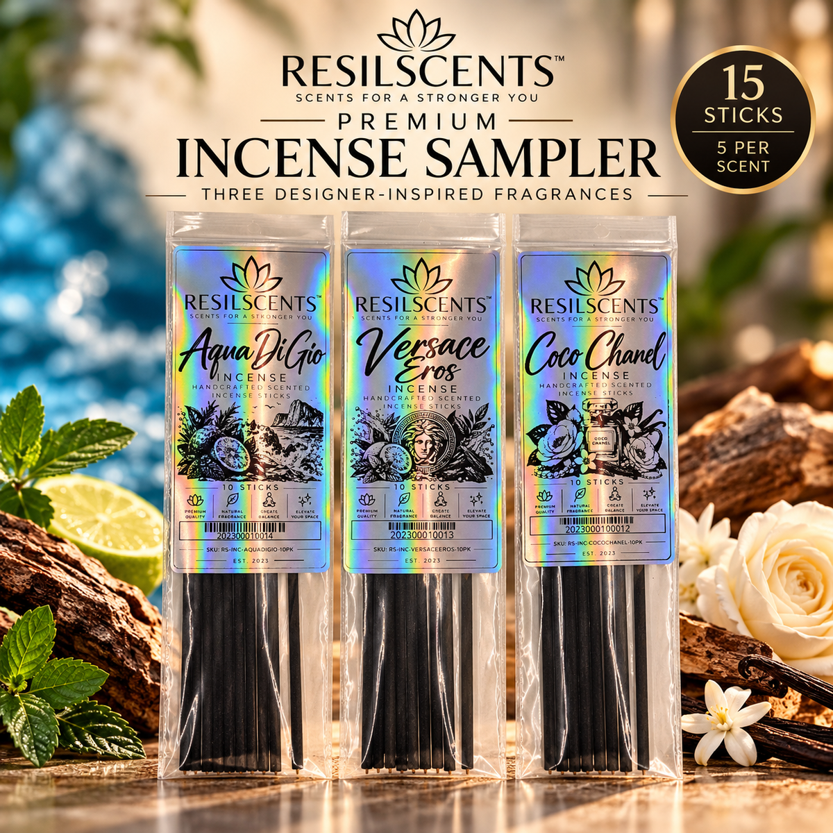ResilIncense™ Premium Designer-Inspired Incense Sampler – Aqua Di Gio, Versace Eros & Coco Chanel | 15 Sticks