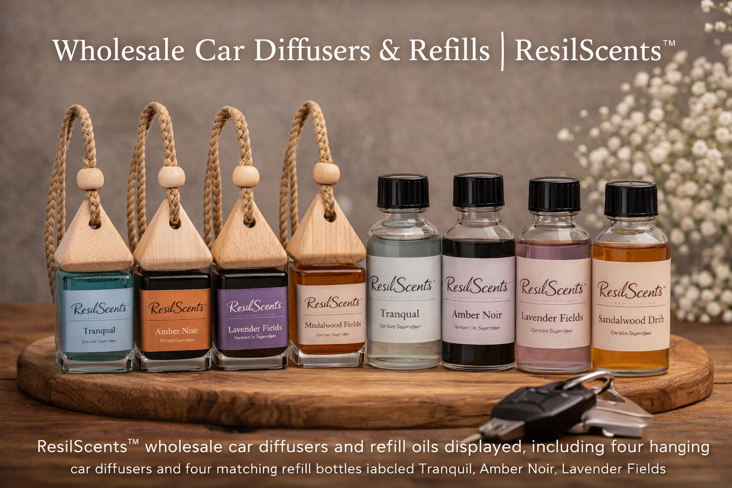 ResilScents™ wholesale car diffusers and refill oils including hanging auto fragrance bottles and matching scent refills displayed for boutique retail.