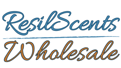 Logo of ResilScents Wholesale with blue and brown text on a white background