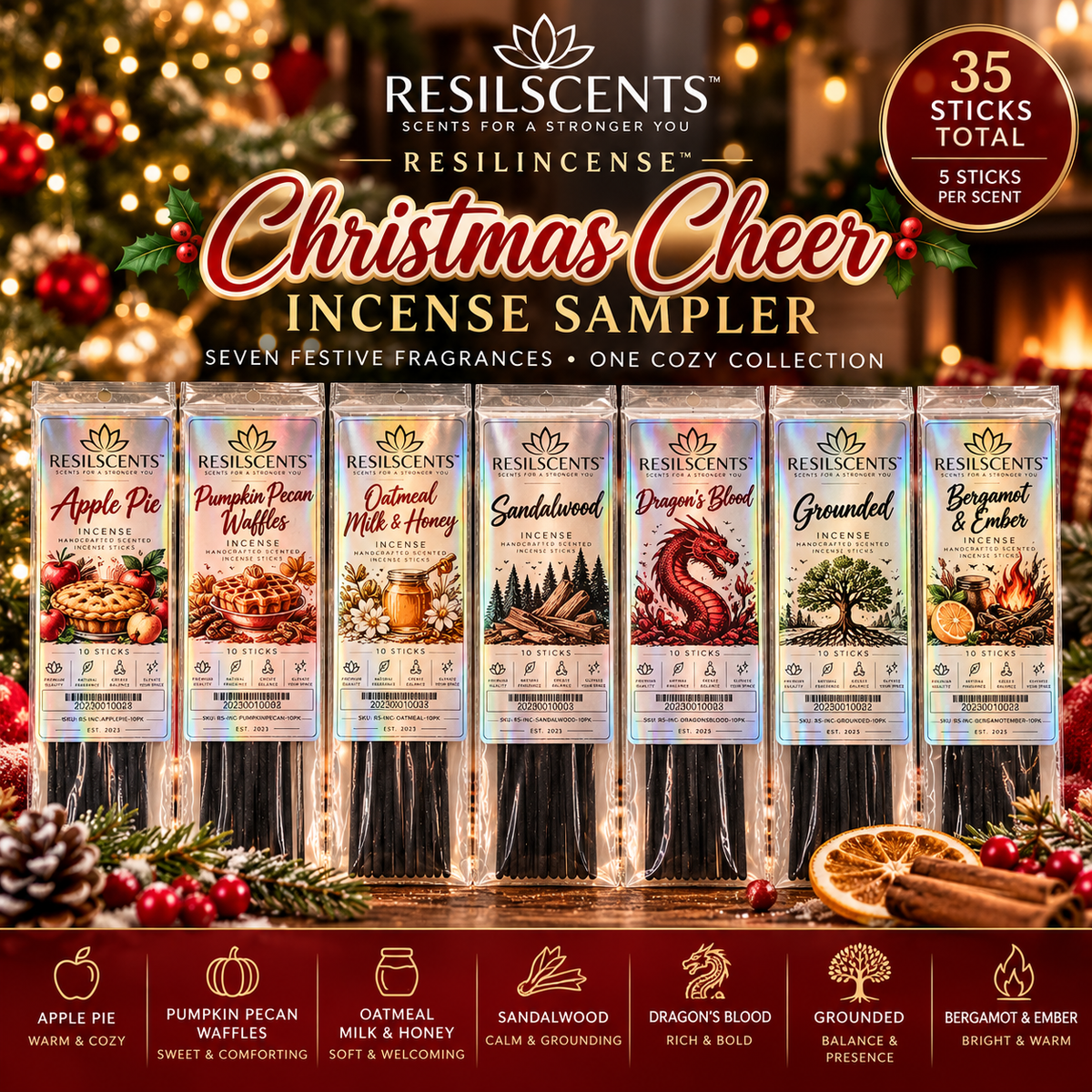 ResilIncense™ Christmas Cheer Incense Sampler – Apple Pie, Pumpkin Pecan Waffles, Sandalwood & More | 35 Sticks