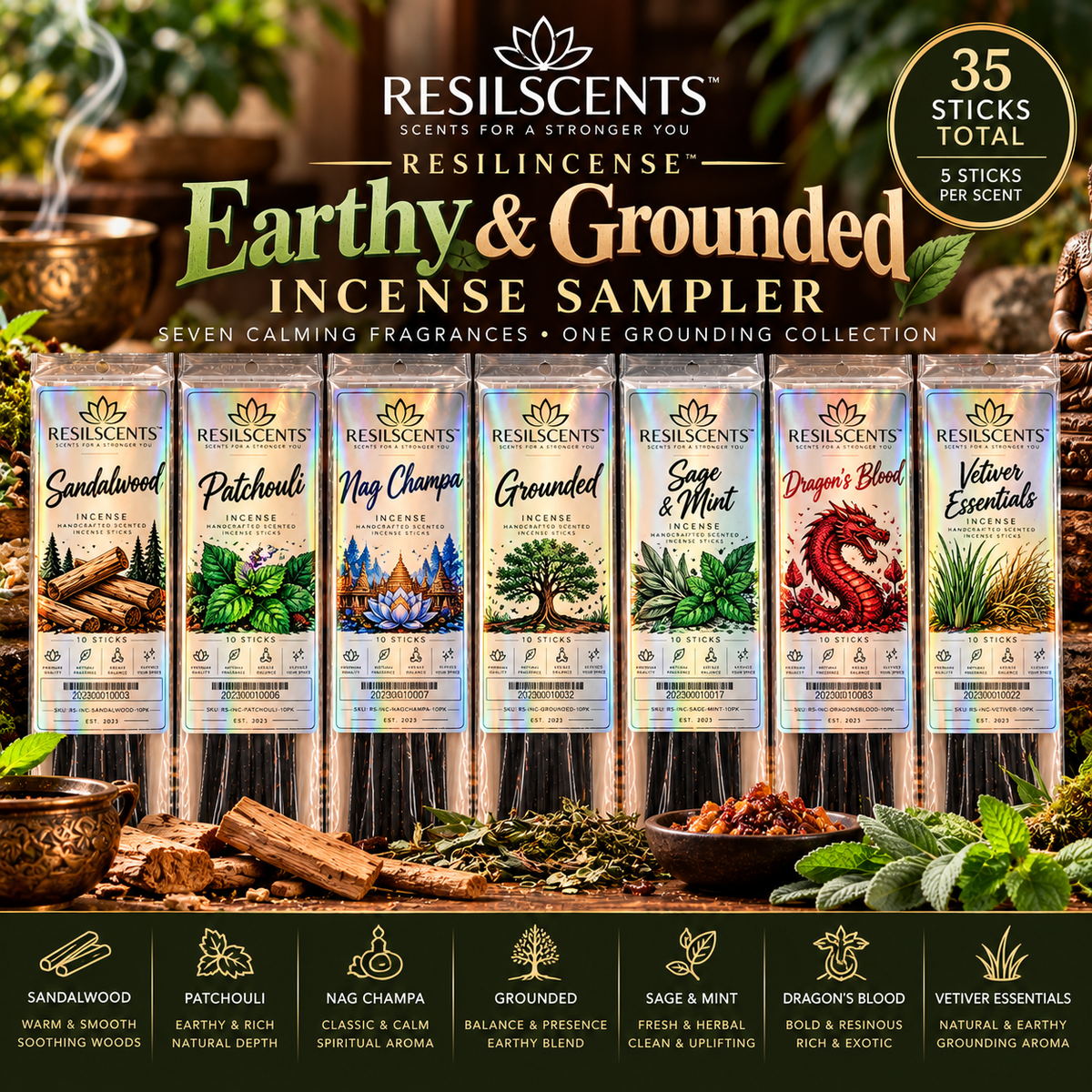 ResilIncense™ Earthy & Grounded Incense Sampler – Sandalwood, Patchouli, Nag Champa & More | 35 Sticks